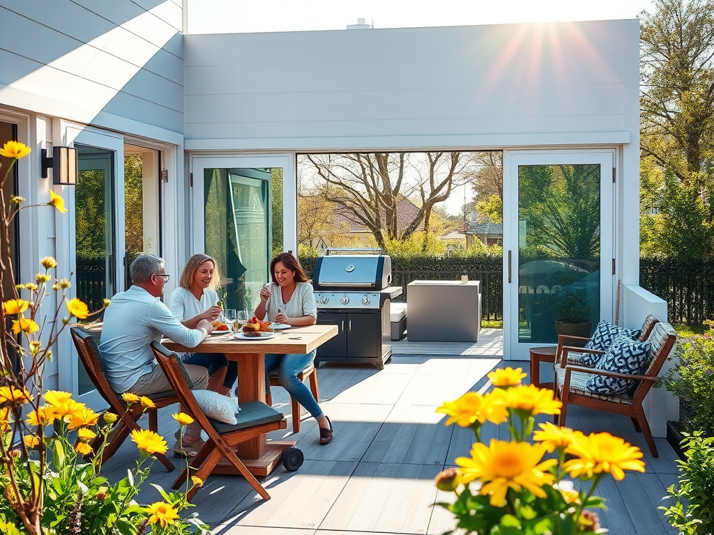 Счастливые друзья наслаждаются обедом на террасе, окруженной цветами под ярким солнечным светом.