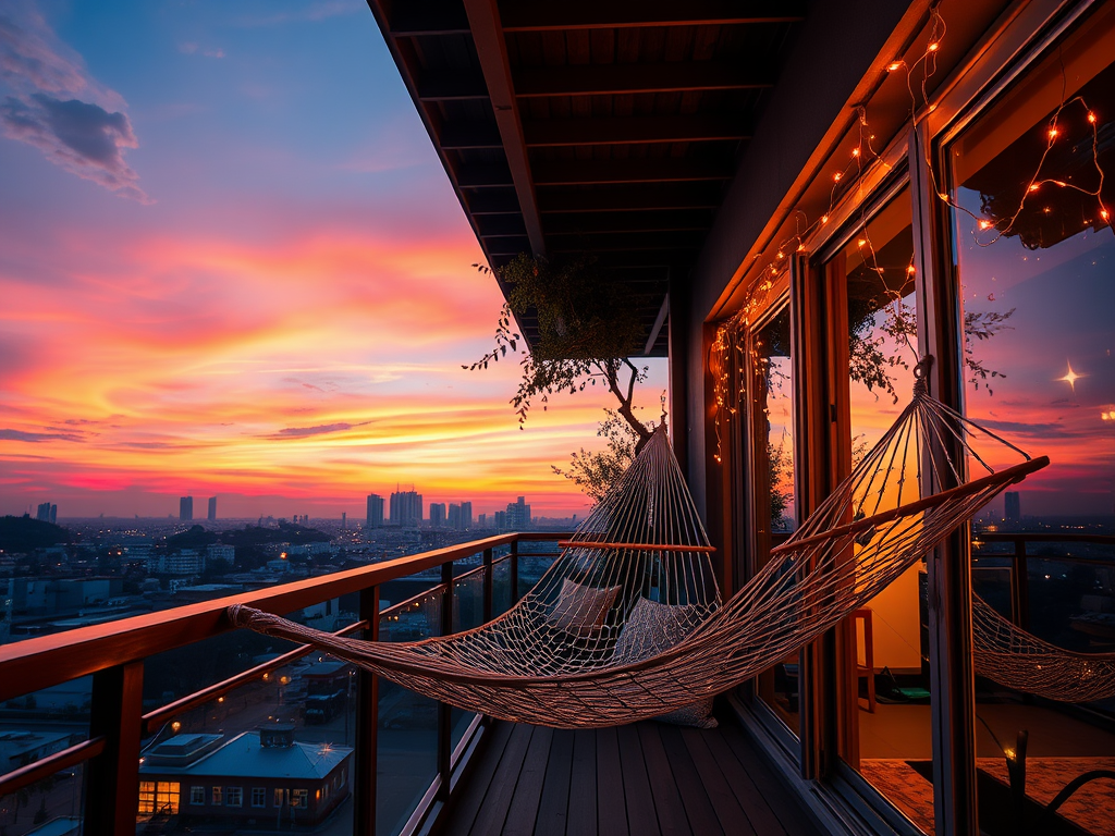 Красивая терраса с гамаком на фоне яркого заката и города, украшенная огоньками.