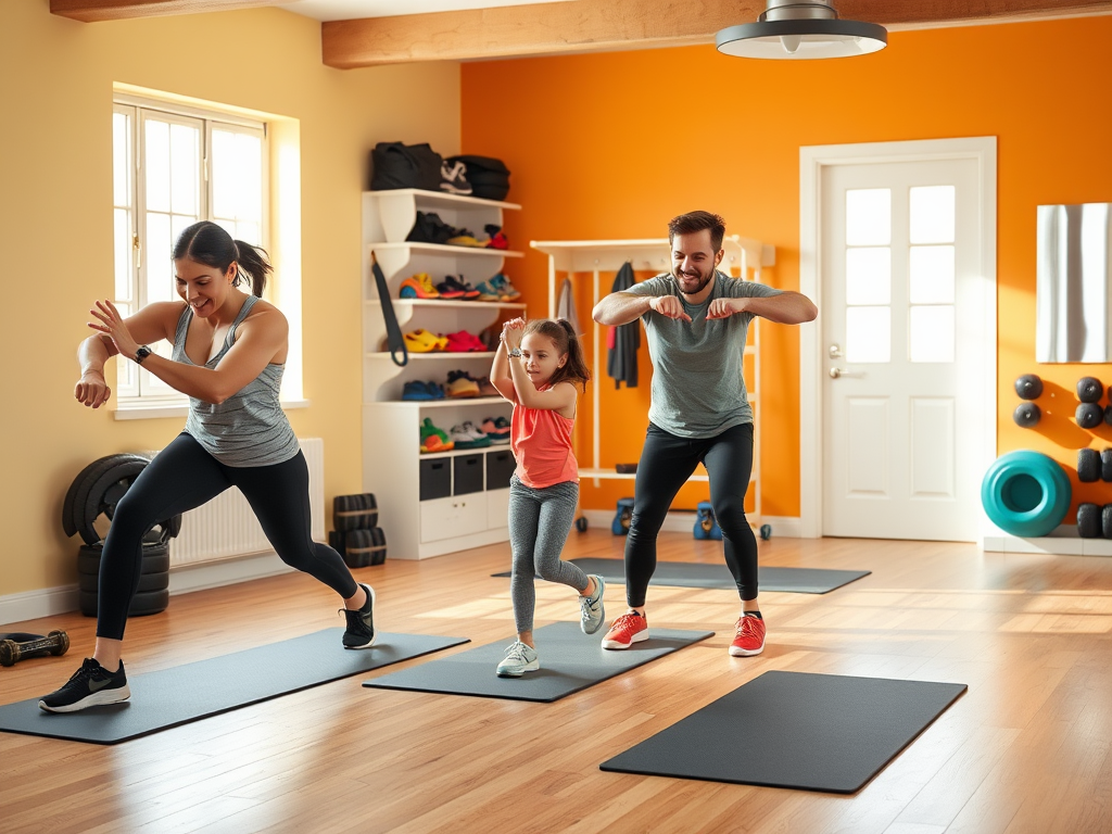 Трое занятий спортом в уютном зале: мама, ребенок и мужчина выполняют упражнения на ковриках.