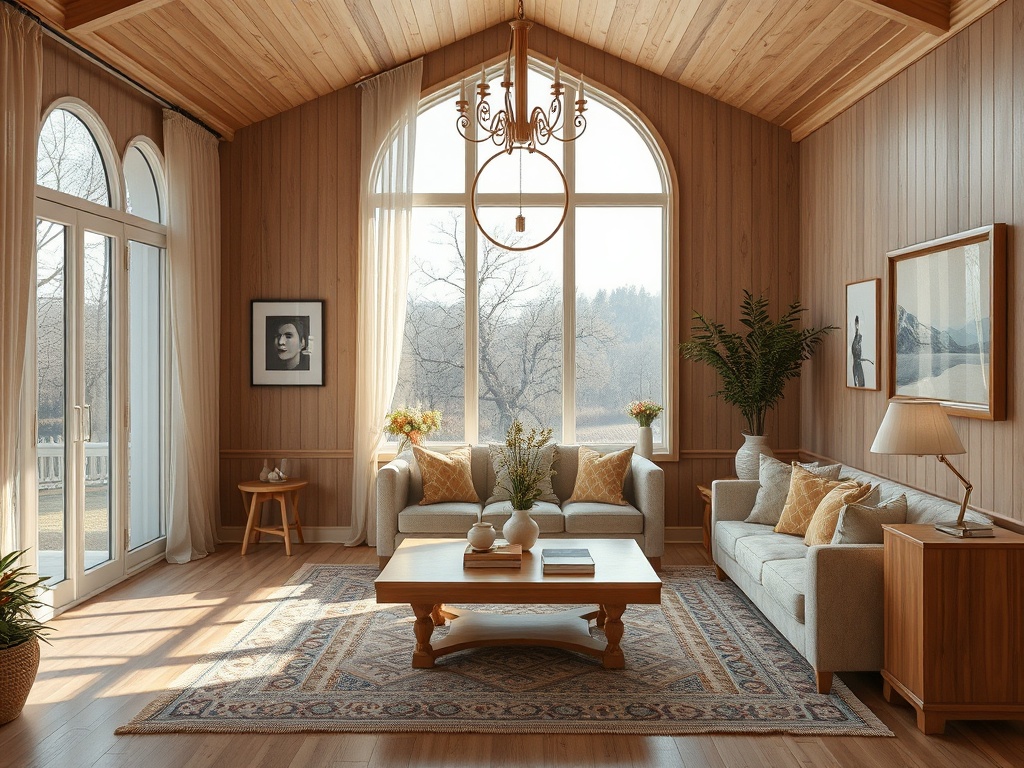 Светлая гостиная с деревянными стенами, красивыми окнами и уютной мебелью, оформленная в теплых тонах.