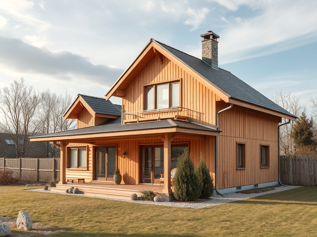 Деревянный дом с балконом и зеленым участком, окруженный деревьями, на фоне светлого неба.