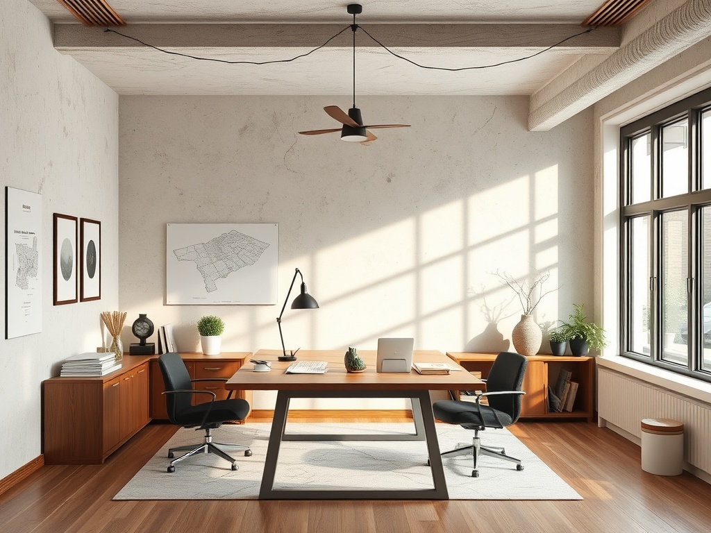 Современный офис с деревянной мебелью, столом, стульями и растениями. Светит солнечный свет через окна.