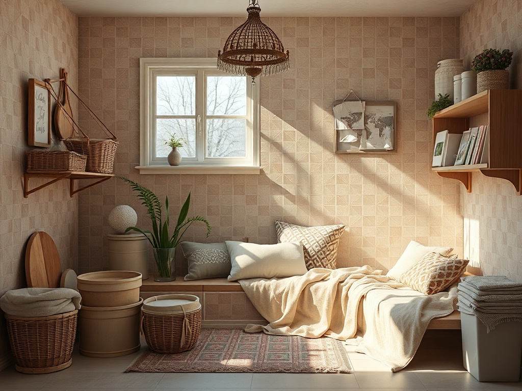 Уютная комната с мягким диваном, декоративными подушками и светлым орнаментом на стенах. Пространство наполнено светом.