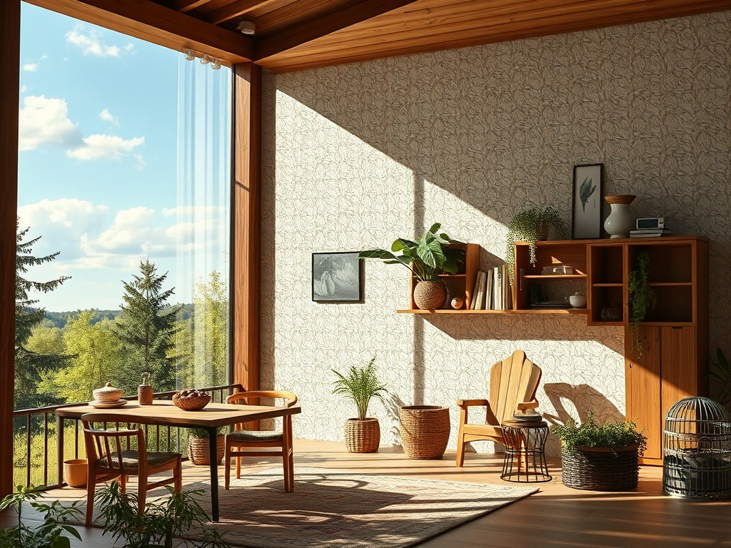 Светлая комната с деревянной мебелью, красивым видом и зелеными растениями на фоне яркого неба.