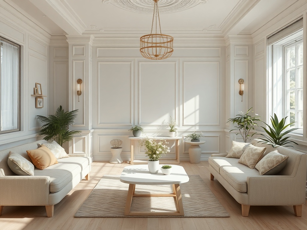 Светлая гостиная с минималистичной мебелью и зелёными растениями, создающая уютную атмосферу.