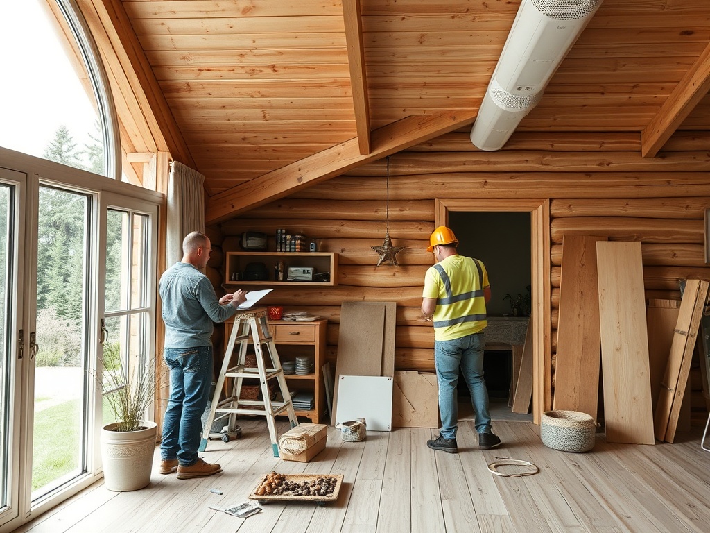 Два мужчину работают в помещении с деревянными стенами. Один читает планы, другой устанавливает элементы.