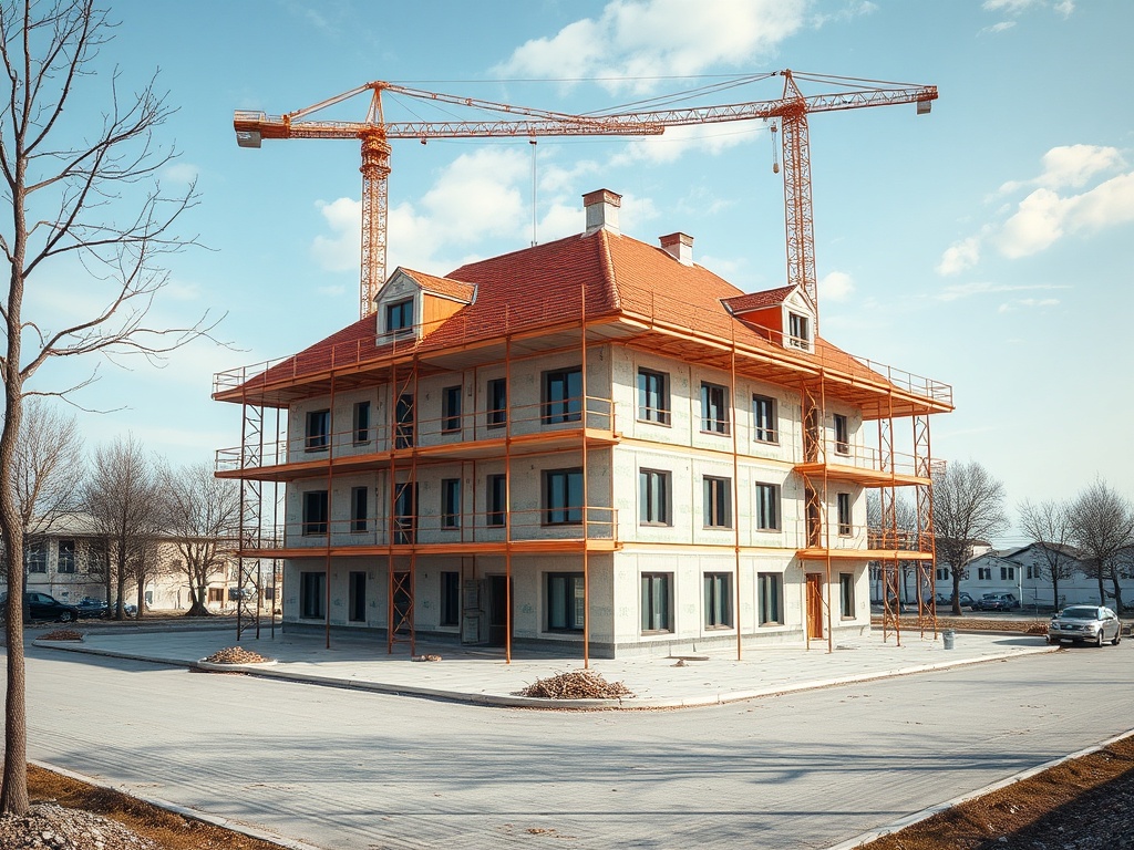 Строящееся здание с кранами и строительными лесами на фоне ясного неба.