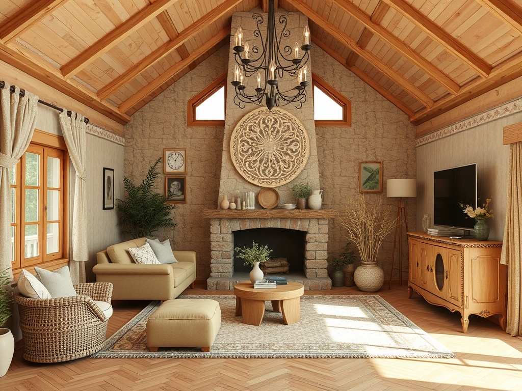 Светлая комната с высоким потолком, камином, стеллажами и уютной мебелью в деревенском стиле.