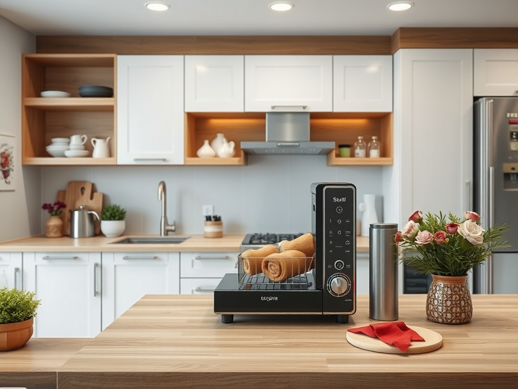 Современная кухня с мультипекарем, полотенцами и цветами на деревянном столе в светлом интерьере.