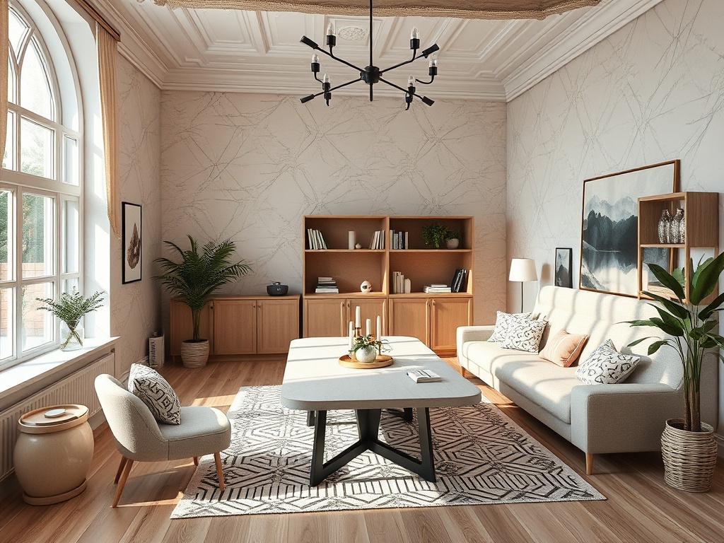 Светлая гостиная с удобной мебелью, деревянными книгами и зелеными растениями, создающая уютную атмосферу.