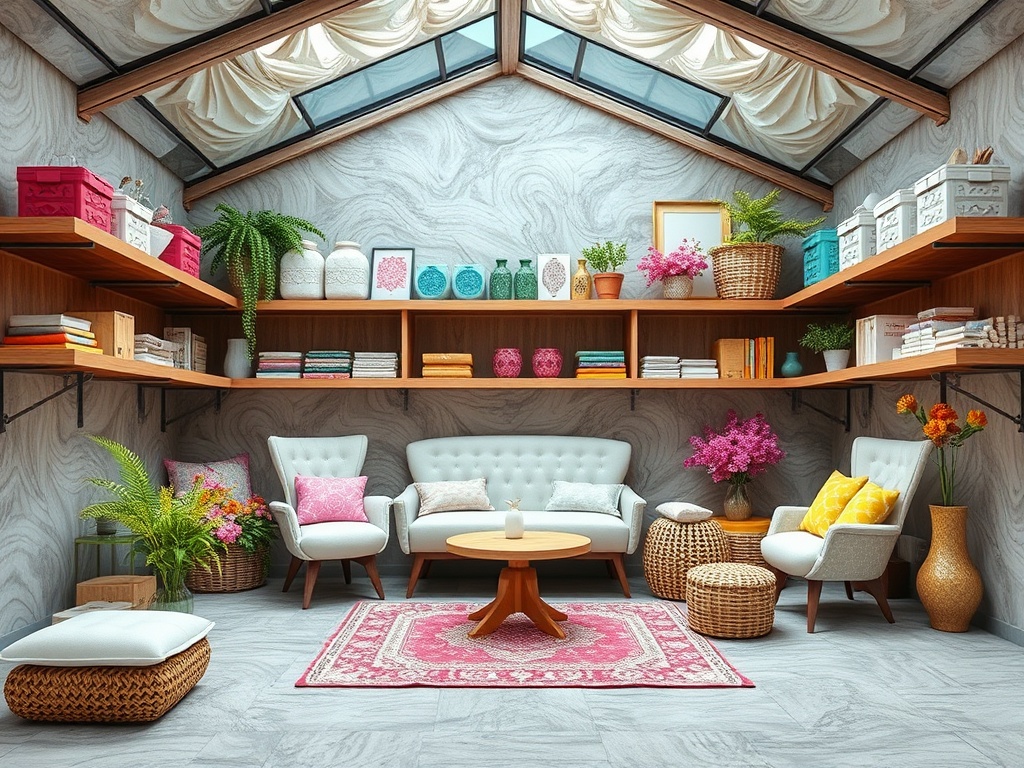 Уютная комната с яркими цветами, стильной мебелью и полками, заполненными предметами декора.