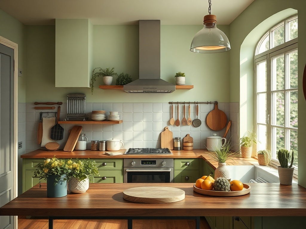 Современная кухня с зелёными шкафами, деревянным столом и растениями на окне. Светлая и уютная атмосфера.