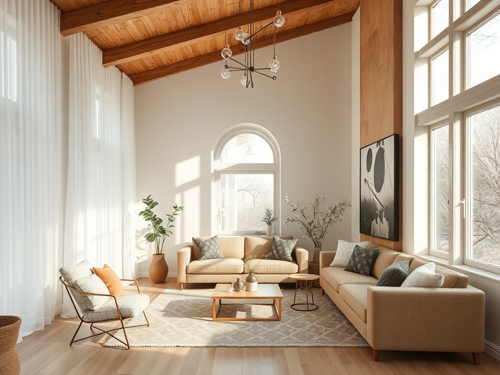 Светлая гостиная с большими окнами, мягкой мебелью и декоративными растениями. Тёплая и уютная атмосфера.