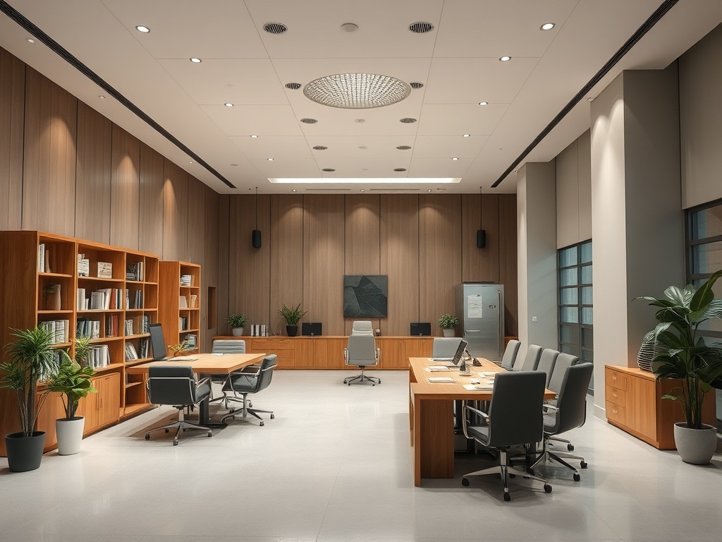 Современный офис с деревяной отделкой, столами, стульями и полками для книг, дополняющий уют растений.