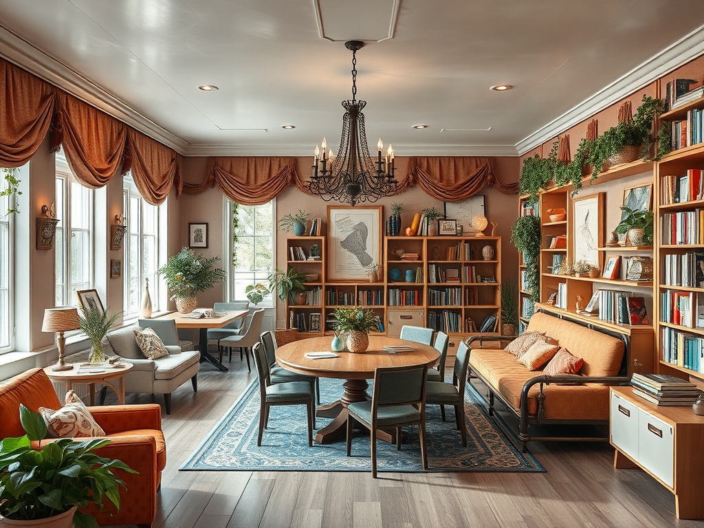 Комфортабельная библиотека с удобной мебелью, книжными полками и зеленью, создающая уютную атмосферу.