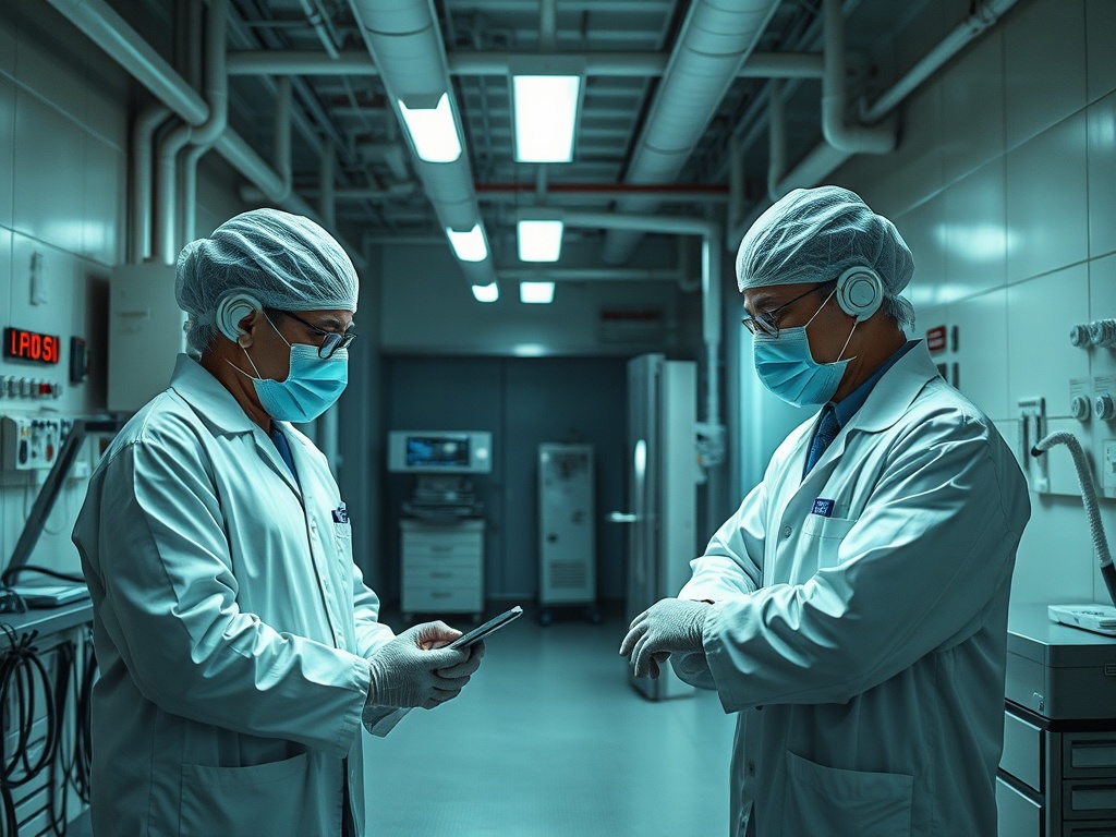 Два врача в защитной одежде и масках обсуждают информацию в коридоре медицинского учреждения.