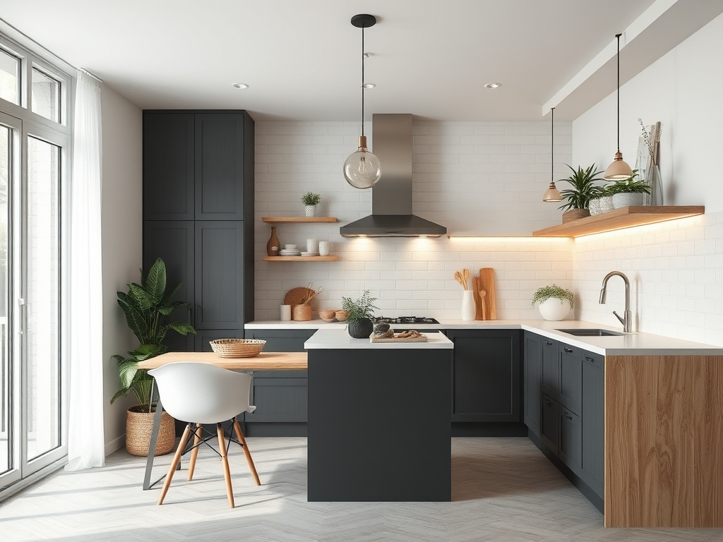 Современная кухня с черными шкафами, деревянными элементами и ярким освещением, украшенная растениями.