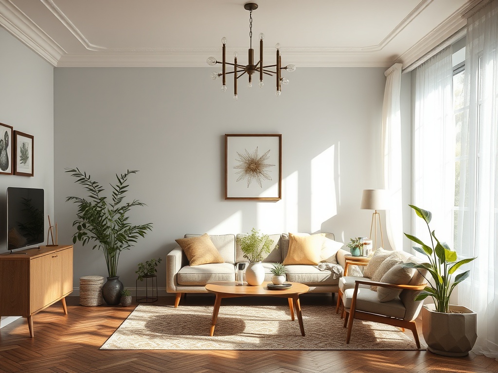 Светлая гостиная с уютной мебелью, растениями и современными элементами декора в солнечном свете.