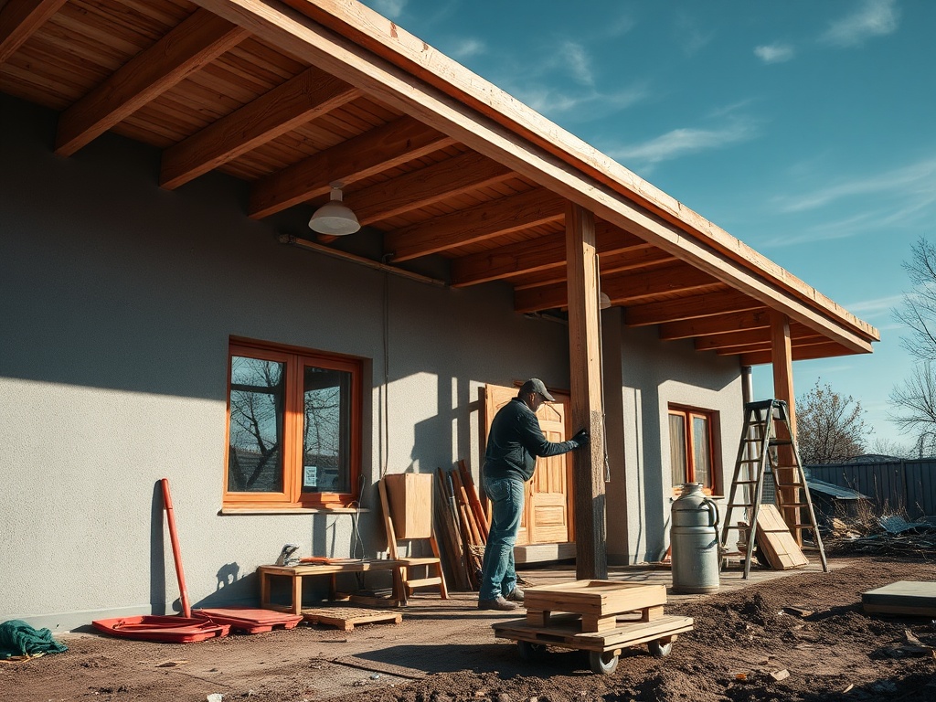 Рабочий устанавливает столб у входа в дом, окружённый строительными материалами и инструментами.