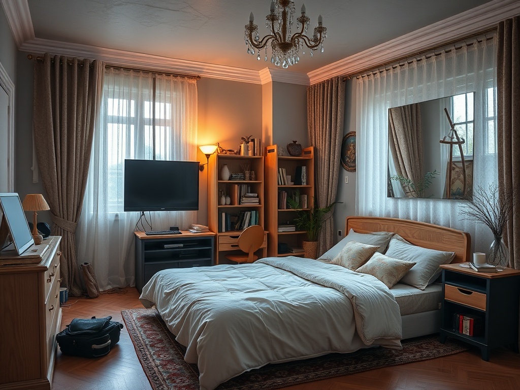 Уютная спальня с кроватью, телевизором, книжным шкафом и большим окном. Тёплый свет и приятные оттенки.